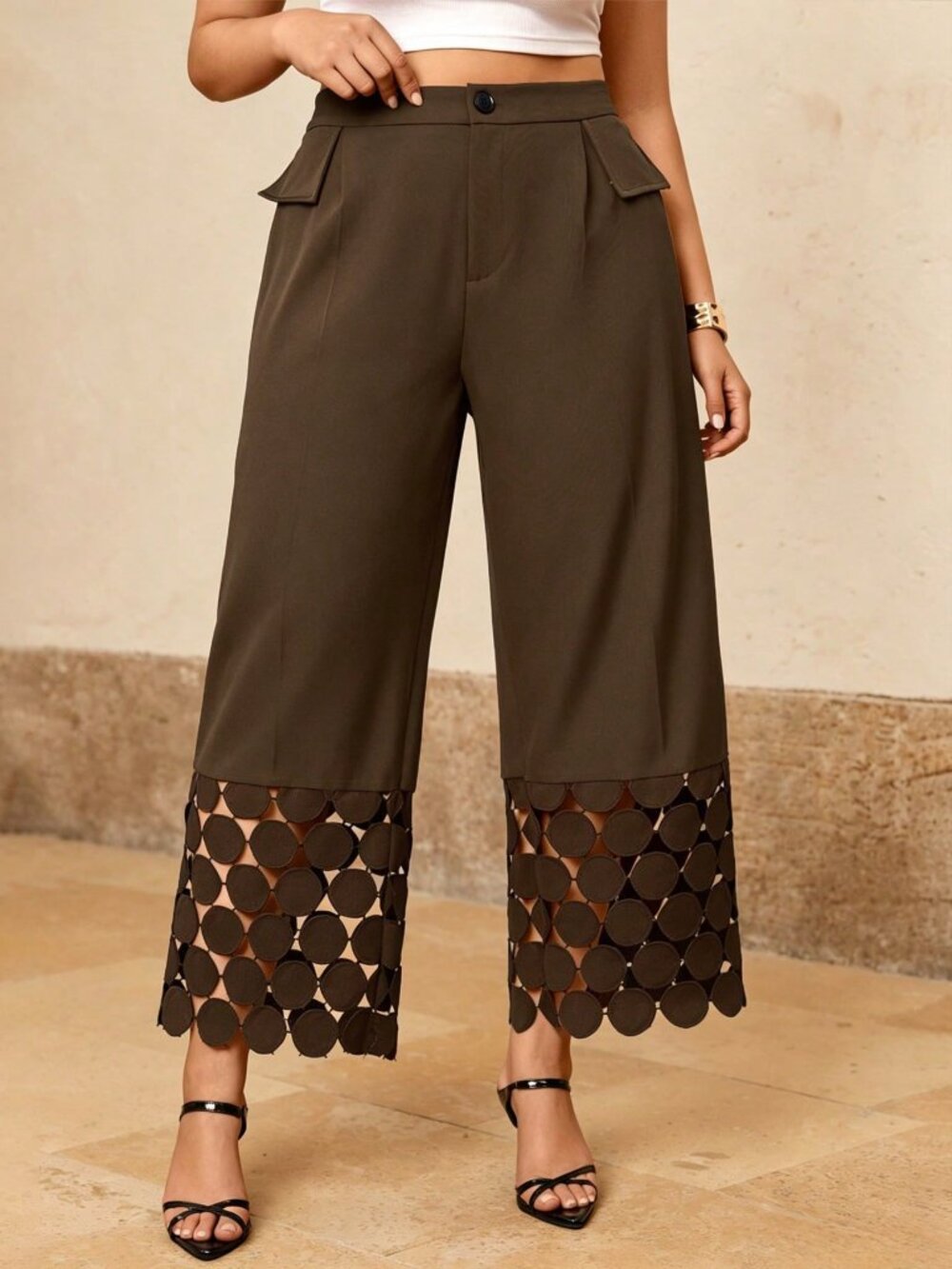 Coffee Brown Casual Women's Geometric Hollow Out Regular Fit Straight Long Pants - Picture 3 of 6
